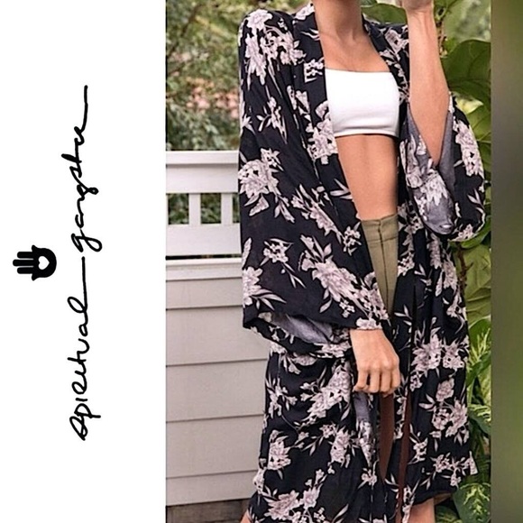 Spiritual Gangster Tops - Spiritual Gangster Women’s Maya Black Floral Tie Front Kimono Robe Size OS